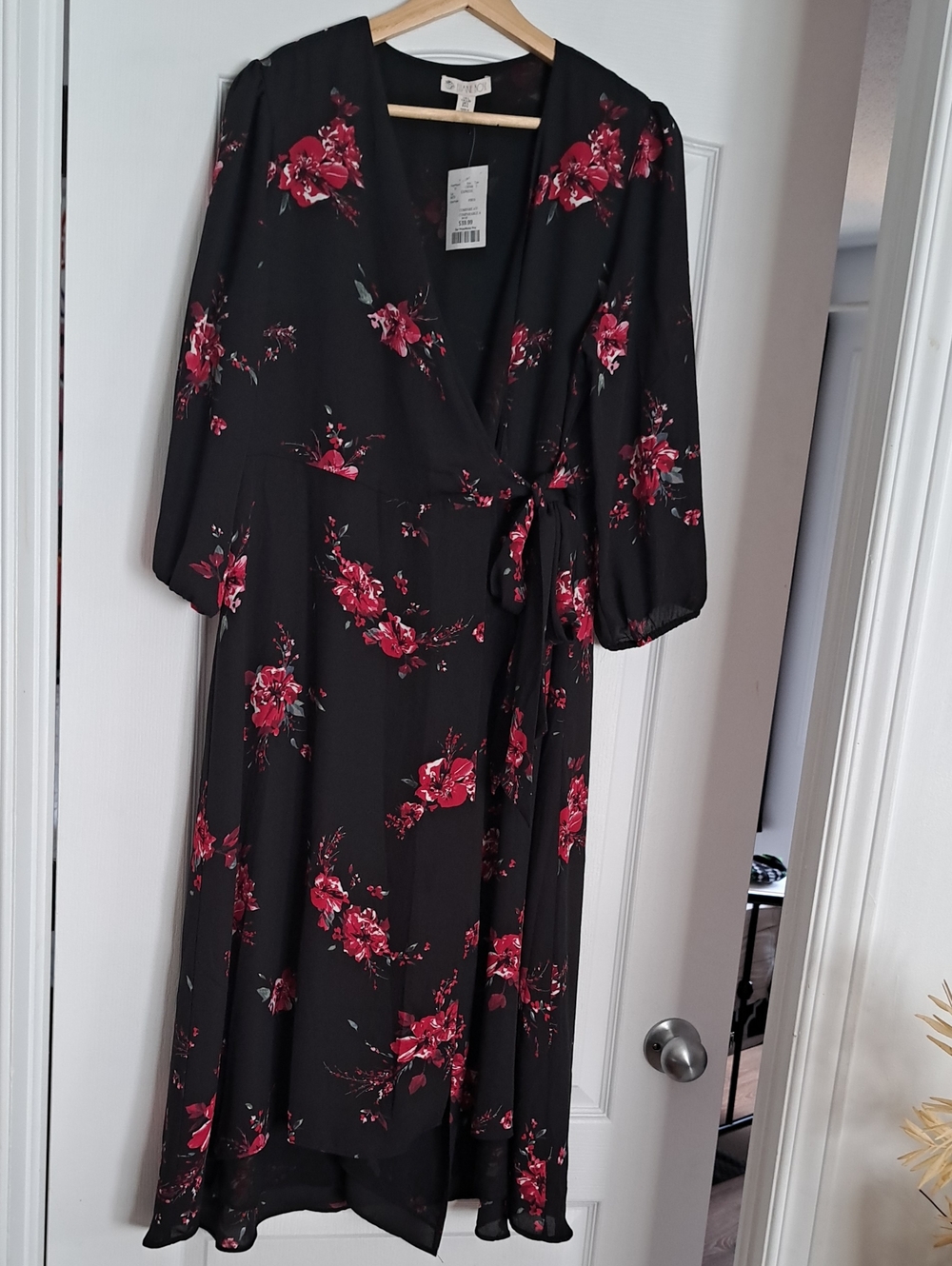 Black Midi Wrap Dress with Red Floral Print